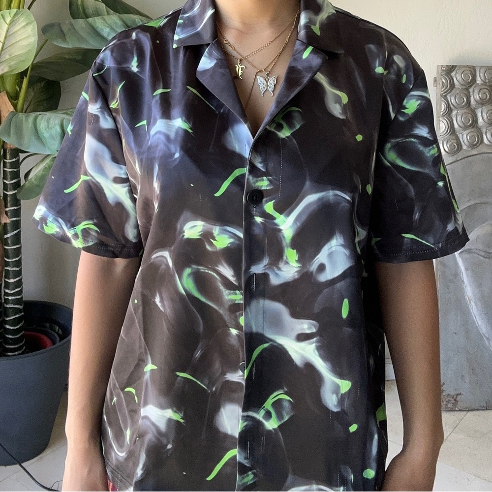 Black and green satin button down